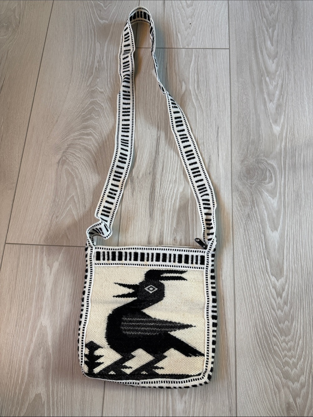 Alpaca Black & Cream Bird Motif Crossbody Bag - Handwoven Style